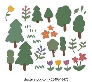 Vektorgrafik des Gartens. Blätter, Feder, Baum, Blumenset