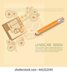 Vector illustration of   garden plan with tree symbols, pencil and words Landscape design on light background.