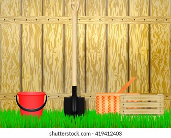 Vector illustration of a garden plot with a fence and farm tools. Shovel, wicker basket, bucket and fruit box on green grass in the dacha. Preparing for the harvest. Time to summer cottage. 