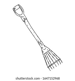 Vector illustration of a garden rake. Hand drawn rake for leaves.