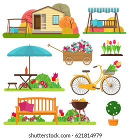 Vektorgrafik von Gartenszenen mit Blumen, Fahrrad, Gartenmöbeln und Dekoration