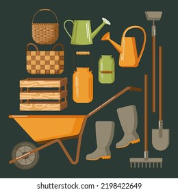 ilustración vectorial de una herramienta de jardín, todo para el jardín, una carretilla, una pala, un rastrillo, un helicóptero, canastos y una caja, botas de goma
