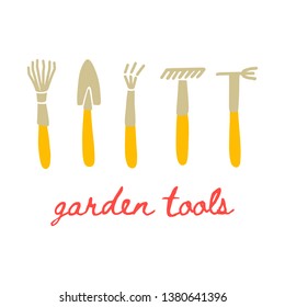 Vector illustration of garden tools in Doodle style. Set of garden symbols-rake, shovel, Ripper. Design of postcards, posters and web sites