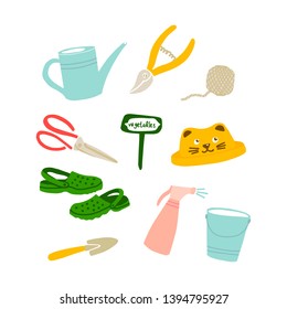 Vector illustration of garden tools in Doodle style. Set of garden symbols, things, objects. Design of postcards, posters and web sites