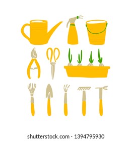 Vector illustration of garden tools in Doodle style. Set of garden symbols - watering can, sprayer, bucket, pruners, onion pot, shovel, rake. Design of postcards, posters and web sites