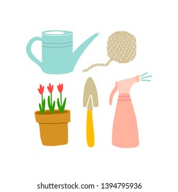 Vector illustration of garden tools in Doodle style. Set of garden symbols, things, objects. Design of postcards, posters and web sites