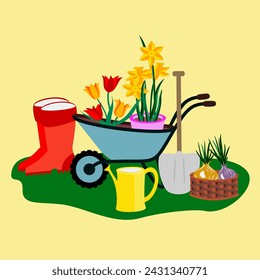 Vector - illustration of garden tools with flowers in a wheelbarrow.