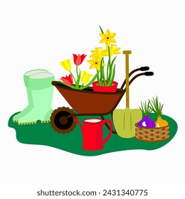 Vector - illustration of garden tools with flowers in a wheelbarrow.