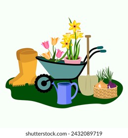 Vector - illustration of garden tools with flowers in a wheelbarrow.