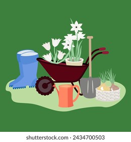 Vector - ilustración de herramientas de jardín con flores en una carretilla.