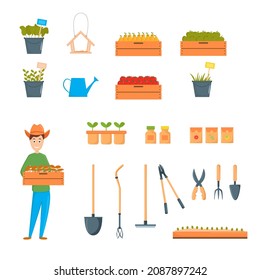 Ilustración vectorial de herramientas de jardín. Jardín de estilo moderno y plano.