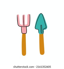 Vector illustration garden tools and gardening items, shovel and fork in flat style for card, print, sticker 