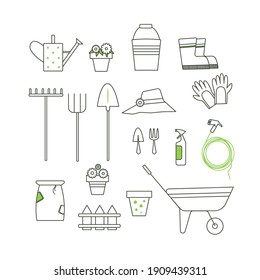 Ilustración vectorial de herramientas de jardín aisladas en fondo blanco. Cubo, carretilla, pala, horquilla, rastrillo, lata de riego, maceta, bolsa de semillas.