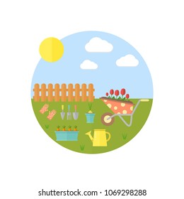 Vector illustration of garden tools made in trendy flat style. Shovel and rake for garden, illustration of farm. Banner with summer garden landscape
