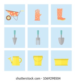 Vector illustration of garden tools made in trendy flat style on blue background. Stylish icons for gardening concept