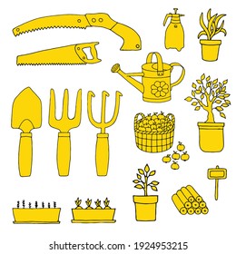 Ilustración vectorial con herramientas de jardín de estilo amarillo. 