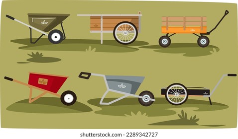 Vektorgrafik von Gartenwagen auf grünem Grashintergrund. Warenkorb-Set. Vektorgrafik-Set Symbol-Ausrüstung von Gartenwagen.