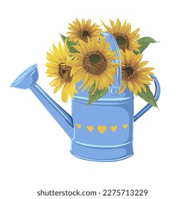 vector illustration with a garden watering can and a bouquet of sunflowers. vector illustration painted in the colors of the Ukrainian flag