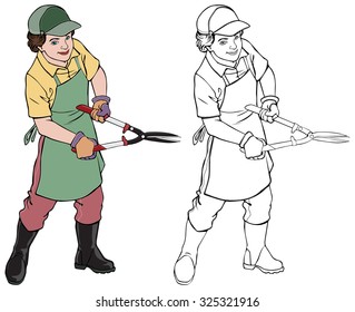 Vector illustration, gardener, coloring drawing, card concept, white background.