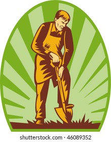 vector illustration of a Gardener or farmer digging with shovel and sunburst in the background.