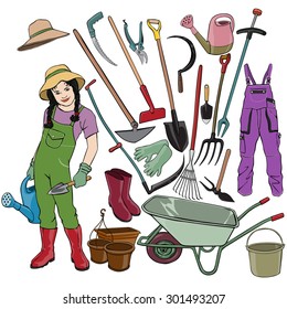 Vector illustration, gardener gear, cartoon concept, white background.