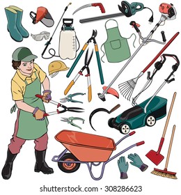 Vector illustration, gardener gear, cartoon concept, white background.