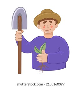 vector illustration of a gardener in a hat with a shovel and a sprout 