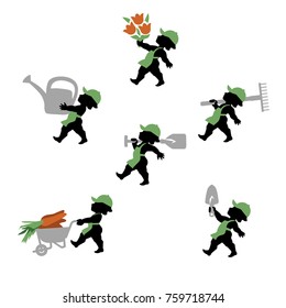 Vector illustration of gardener. Icons set of gardeners professional with gardening tools such watering can, shovel, rake, wheelbarrow.
