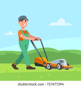 Vector illustration gardener with lawn mower cuts grass on the lawn. Garden works and equipment