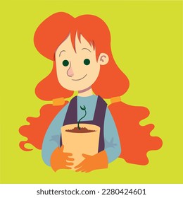 Vector Illustration - Gardener redhead girl holding a potted plant with a baby plant growing