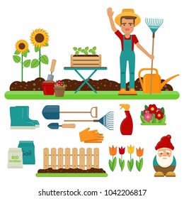 Vector illustration with gardener and set of gardening tools. Gardener in panama greeting someone with his hand raised up. Concept of gardening