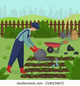 Vector illustration of a gardener watering a vegetable garden in a flat style. A farmer in a blue uniform with garden equipment: watering can, shovel, broom, cart grows plants