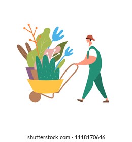 Vector illustration gardener with wheelbarrow of plants. Concept of landscape design