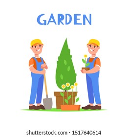 Vector illustration of gardeners and garden workers with plants