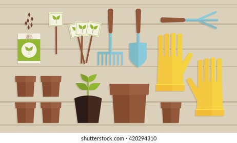 Vector illustration. Gardening collection set. Flatlay garden equipment. Flat gardening on wooden background.
