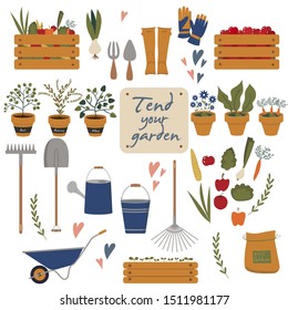 Vector illustration of gardening elements. Gardening and farming tools and equipment, plants in pots, harvest vegetables and fruits in boxes.