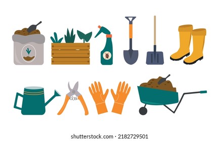 Ilustración vectorial de elementos de jardinería. Herramientas, equipos y plantas de jardinería y agricultura.