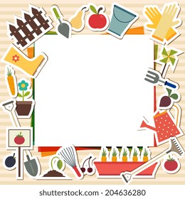 Vector illustration of gardening elements with place for text on striped background