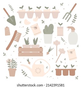 Vector illustration of gardening elements: spade, pitchfork, plants, watering can, grass, flowers, garden gloves and Zero Waste. Spring time