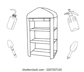 Vector illustration of gardening equipment in doodle style and outline icon isolated on white background.