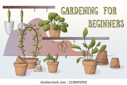 Vector illustration of gardening. Houseplants, gardening tools: scissors, scapula, pots, seeds. Home garden, gardening concept. For poster, banner, website, cover, card, decoration of gardening shop.