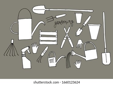 vector illustration: gardening linear collection. horticulture equipment set; shovel, pot, watering pan, gloves, flowers, secateur, etc. agriculture clipart, isolated doodle style hand drawn sketch. 