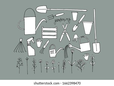 vector illustration: gardening linear collection. horticulture equipment set; shovel, pot, watering pan, gloves, flowers, secateur, etc. agriculture clipart, isolated doodle style hand drawn sketch. 