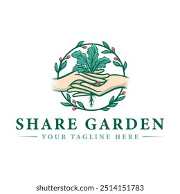 Ilustración vectorial de un logotipo de jardinería con las manos entrelazadas como símbolo de compartir productos de jardinería