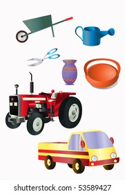 vector illustration, gardening objects, card concept, white background.
