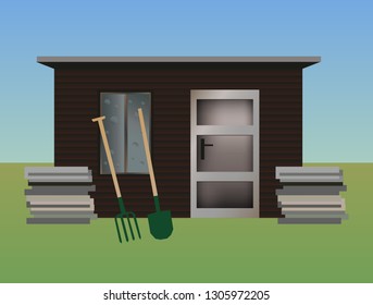 Vector illustration of gardening – small wooden garden shed or hut with pitchfork and shovel. There is the sky and grass in the background.