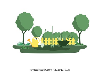 vector illustration of gardening supplies concept. watering tool, shovel, gardening in the yard. flat design issolated