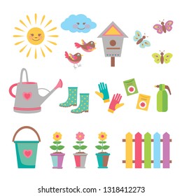 A vector illustration of  gardening theme clip arts. Included in this set:- watering can, garden glove, cartoon sun and cloud,  nesting box, butterfly, bird and flowers.