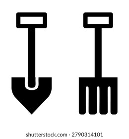 Vector illustration gardening tool icons a shovel and pitchfork.