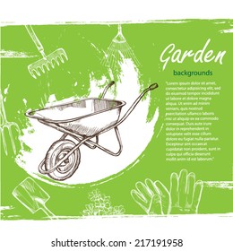 vector illustration of gardening tools background. Hand drawn